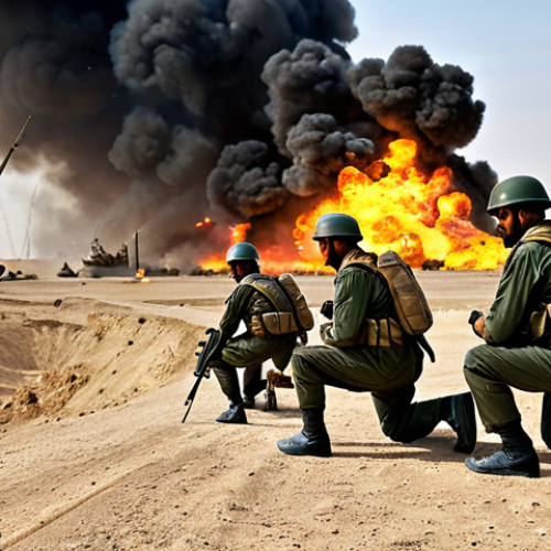 Home 4 Khuzestan Battle Scene**
"Iranian soldiers in modest military uniforms defending Khuzestan against Iraqi forces, fully clothed, appropriate attire, a desert landscape with oil fields in the background, explosions and smoke, safe for work, perfect anatomy, natural proportions, professional, family-friendly, high quality, detailed."
**