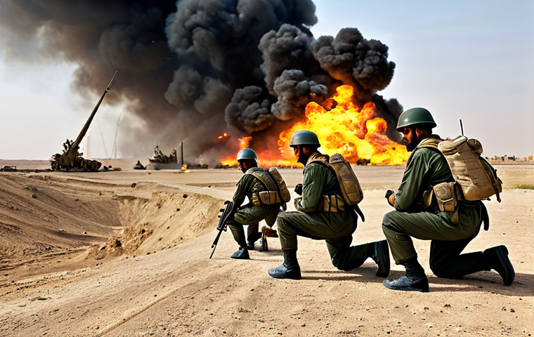 Khuzestan Battle Scene**
"Iranian soldiers in modest military uniforms defending Khuzestan against Iraqi forces, fully clothed, appropriate attire, a desert landscape with oil fields in the background, explosions and smoke, safe for work, perfect anatomy, natural proportions, professional, family-friendly, high quality, detailed."
**