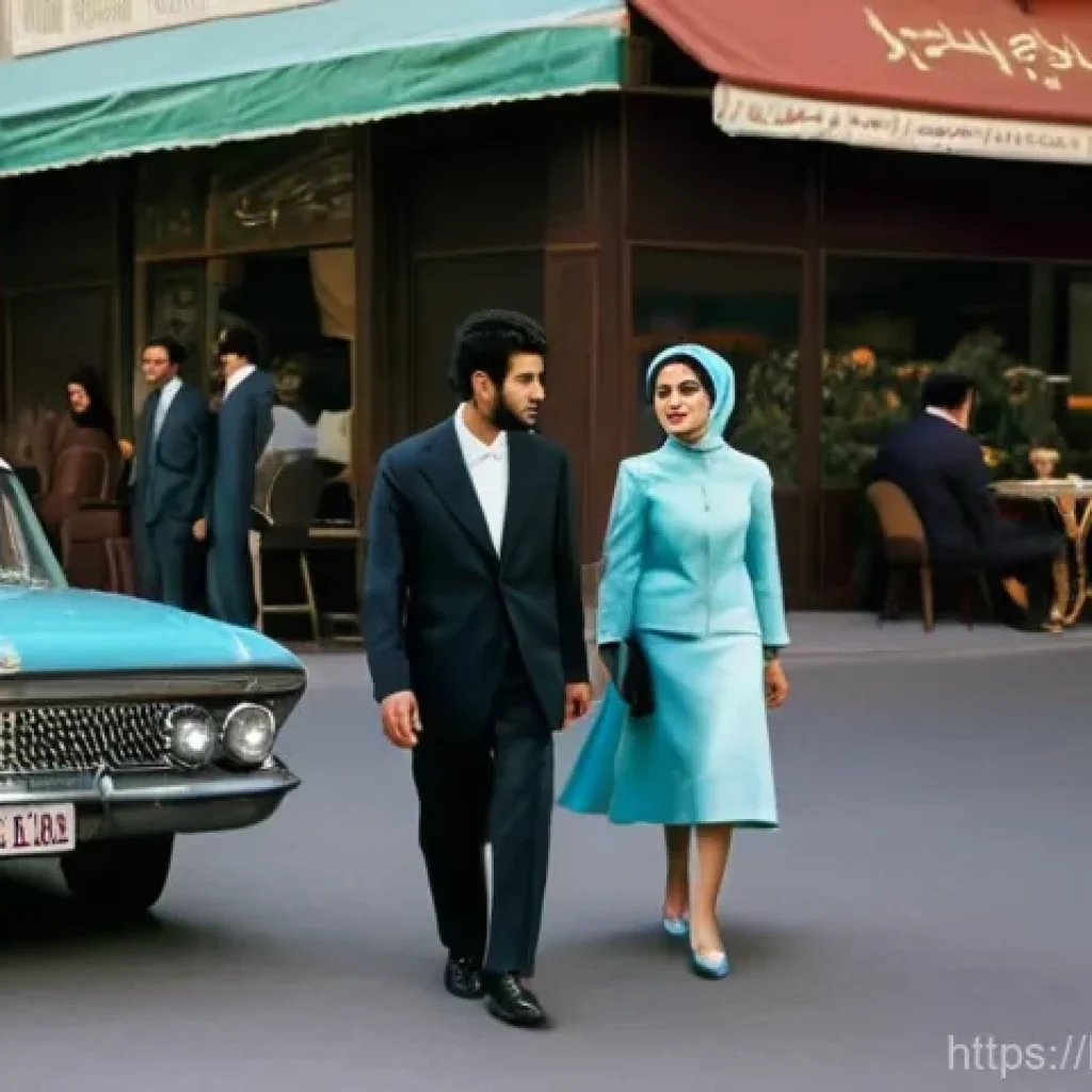 이란 현대사 주요 사건 - **Prompt:** A vibrant street scene in Tehran, Iran, set in the late 1960s. The image captures a bust...