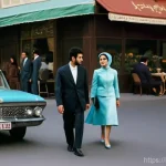 이란 현대사 주요 사건 - **Prompt:** A vibrant street scene in Tehran, Iran, set in the late 1960s. The image captures a bust...