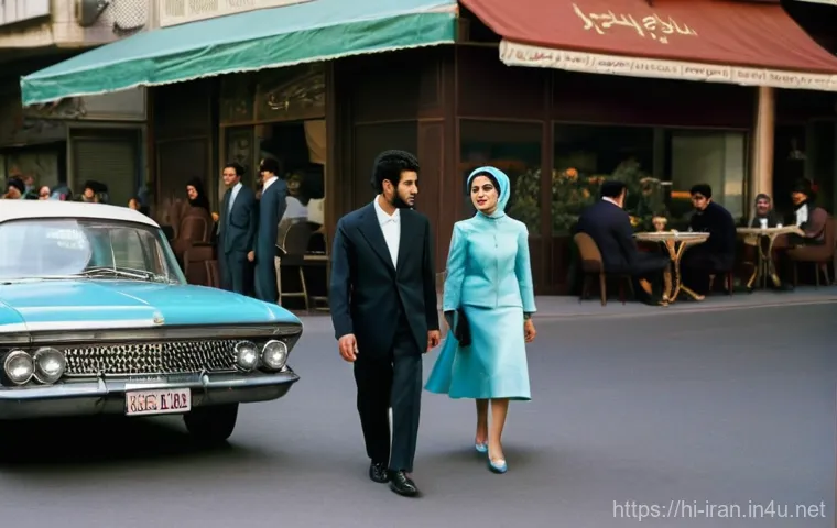 이란 현대사 주요 사건 - **Prompt:** A vibrant street scene in Tehran, Iran, set in the late 1960s. The image captures a bust...