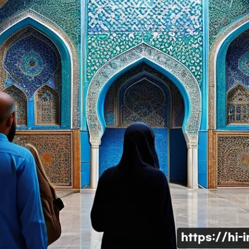 Home 31 이란 여행 주의사항 - A respectful scene of a group of diverse travelers visiting an Iranian mosque, featuring women weari...