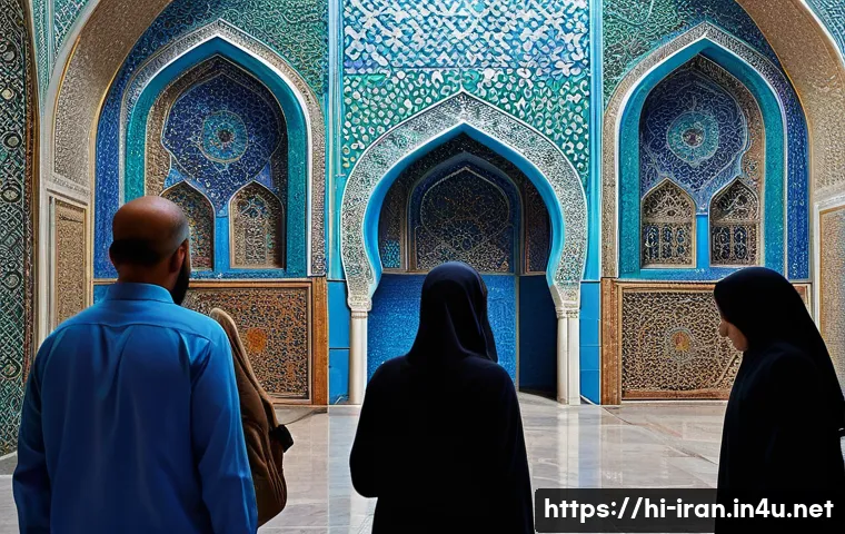 이란 여행 주의사항 - A respectful scene of a group of diverse travelers visiting an Iranian mosque, featuring women weari...