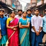 Home 18 이란 사건과 사고 - A diverse group of young Indian men and women, dressed in modern casual clothing and traditional att...