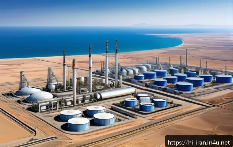 이란의 천연가스 자원 - A detailed and realistic digital illustration of Iran&rsquo;s southern gas fields near the Persian Gulf, s...