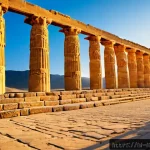 이란 유명 관광지 - Photorealistic sunrise view of Persepolis, Iran, grand ancient Achaemenid stone columns and carved c...
