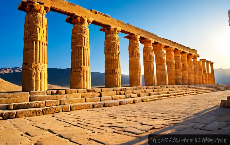 이란 유명 관광지 - Photorealistic sunrise view of Persepolis, Iran, grand ancient Achaemenid stone columns and carved c...