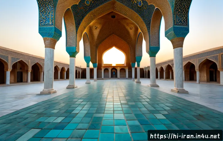 이란 역사적 건축물 - Photorealistic wide-angle view of an ancient Persian mosque courtyard in Iran at golden sunrise, soa...
