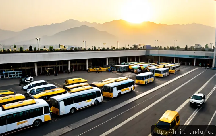 이란 공항 교통 정보 - Photorealistic wide-angle scene outside a modern Iranian international airport at sunrise, a clear o...