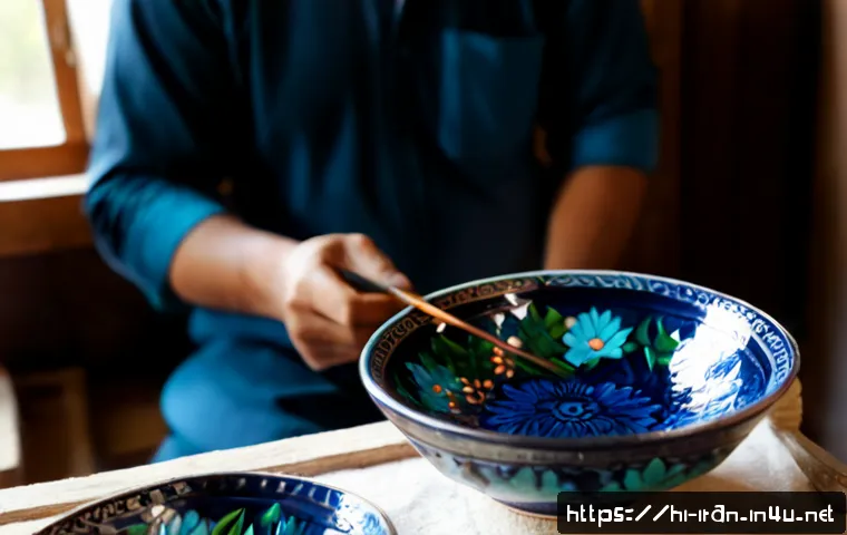 이란의 전통 공예 - Photorealistic close-up of an Iranian master artisan hand-painting an intricate Persian ceramic bowl...